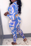 Blue Sexy Print Patchwork O Neck Long Sleeve Two Pieces