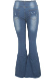 Blue Denim Button Fly Zipper Fly High Solid Zippered Pocket Boot Cut Pants 