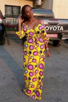Yellow adult Fashion OL Cap Sleeve Long Sleeves V Neck A-Line Floor-Length Print bandage Geometri