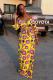 Yellow adult Fashion OL Cap Sleeve Long Sleeves V Neck A-Line Floor-Length Print bandage Geometri