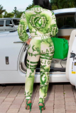 Fluorescent Green Casual Print Patchwork Zipper Collar Long Sleeve Two Pieces