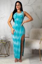 Light Blue Fashion Sexy Tank Sleeveless O neck Sheath Ankle-Length Hand-painted asymmetrical split C