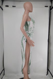 Green Fashion Sexy Print Hollowed Out Boat Neck Sleeveless Two Pieces Swimwears