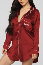 Wine Red Living Solid Embroidered Shirt Collar Shirt Dress Dresses