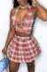 Red Fashion Sexy Plaid Print Hollowed Out Backless Halter Sleeveless Two Pieces