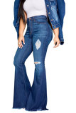 Dark Blue Denim Button Fly Sleeveless High Animal Prints Solid Hole washing Old Boot Cut Pants Bottoms