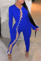 Blue Fashion Casual Solid Hollowed Out O Neck Skinny Jumpsuits