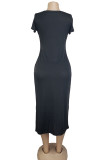 Cyan Fashion Casual White Red Black Orange Yellow Cyan Cap Sleeve Short Sleeves O neck Pencil Dress Mid-Calf Solid Dresses