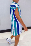 Deep Blue Fashion Casual Striped Print Basic Turndown Collar Shirt Dress