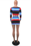 Blue Fashion Sexy Print Strap Design V Neck Long Sleeve Two Pieces