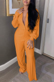 Orange Fashion Casual Solid Basic Turndown Collar Regular Jumpsuits