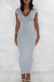 Grey Sexy Solid Patchwork Backless Slit Zipper V Neck Pencil Skirt Dresses