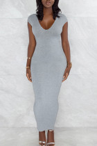 Grey Sexy Solid Patchwork Backless Slit Zipper V Neck Pencil Skirt Dresses
