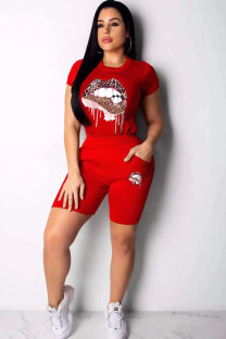 Red Fashion Active adult Ma'am Patchwork Print Two Piece Suits Lips Print pencil Short Sleeve Two Pieces