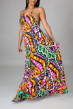 Multicolor Sexy Print Backless Halter Cake Skirt Dresses