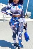 Blue Sexy Adult Twilled Satin Print Tie-dye O Neck Long Sleeve Regular Sleeve Short Two Pieces