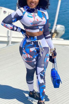 Blue Sexy Adult Twilled Satin Print Tie-dye O Neck Long Sleeve Regular Sleeve Short Two Pieces