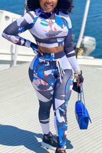 Blue Sexy Adult Twilled Satin Print Tie-dye O Neck Long Sleeve Regular Sleeve Short Two Pieces