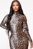 Leopard print Fashion adult Sexy Cap Sleeve Long Sleeves Turtleneck Step Skirt Mid-Calf Patchwork Print