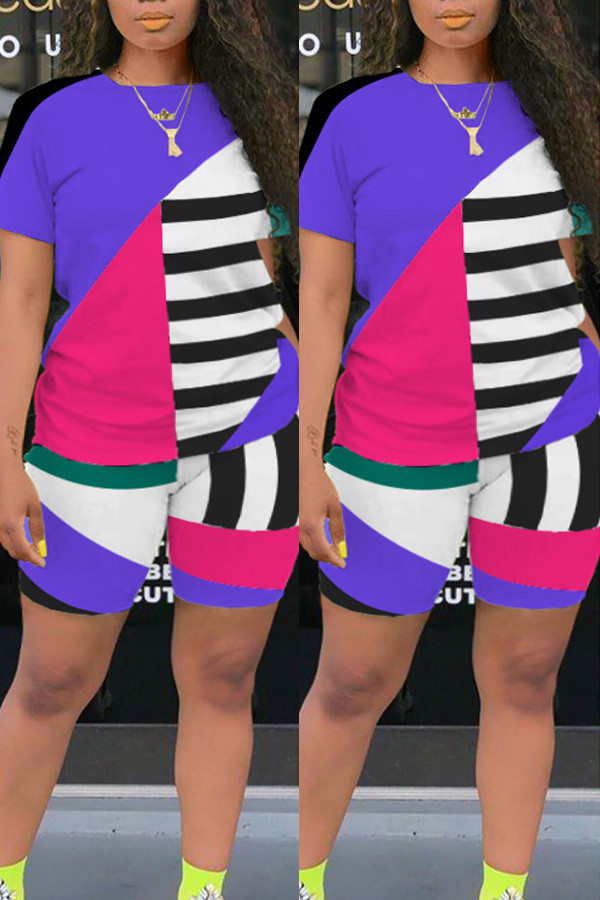 purple Fashion Active Casual O Neck Geometric Plus Size