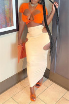 Orange Fashion Sexy Solid Hollowed Out V Neck Short Sleeve Two Pieces