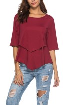 Red Casual Regular O-Neck Half Solid Patchwork Regular Tees & T-shirts