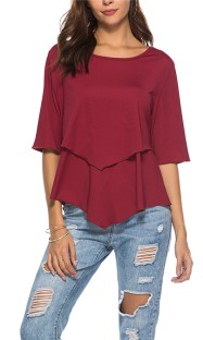 Red Casual Regular O-Neck Half Solid Patchwork Regular Tees & T-shirts