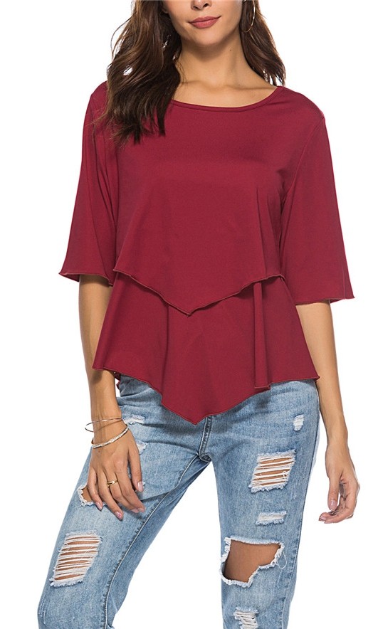 Red Casual Regular O-Neck Half Solid Patchwork Regular Tees & T-shirts