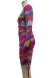 Colour Sexy Print Patchwork V Neck Pencil Skirt Dresses