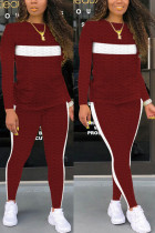 Purplish Red Fashion Sexy Adult Striped Patchwork Patchwork O Neck Long Sleeve Regular Sleeve Regular Two Pieces