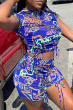 Blue Casual Print Draw String Turtleneck Short Sleeve Two Pieces