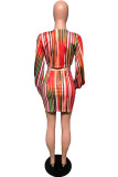 colour Casual Striped Print Bandage Long Sleeve Two Pieces