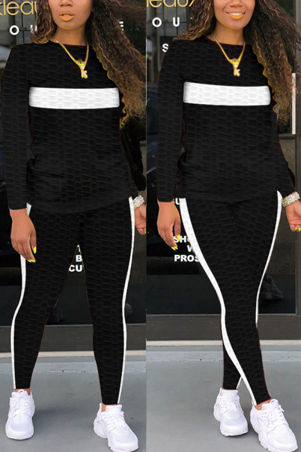 Black Fashion Sexy Adult Striped Patchwork Patchwork O Neck Long Sleeve Regular Sleeve Regular Two Pieces