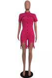 rose red Casual Fashion Solid Pocket Asymmetrical Button Short Sleeve Turndown Collar 