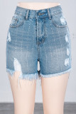 Light Blue Denim Zipper Fly Mid Solid washing Old Straight shorts Bottoms