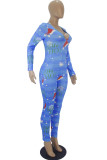 Blue Sexy Santa Hats Printed Patchwork O Neck Jumpsuits