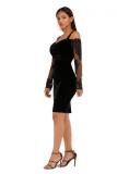 Black Fashion adult Sexy Spaghetti Strap Long Sleeves V Neck Step Skirt Knee-Length Patchwork So