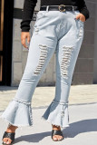 Baby Blue Sexy Solid Ripped Buttons Plus Size 
