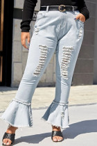 Baby Blue Sexy Solid Ripped Buttons Plus Size 