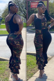 Black Fashion Casual Print Patchwork Camouflage Ruffled Sleeveless O Neck Jumpsuits
