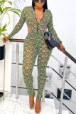 Green Sexy Print Patchwork See-through O Neck Regular Jumpsuits