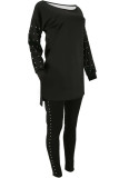 Black Sexy Solid Two Piece Suits Patchwork Beading pencil Long Sleeve Two-piece Pants Set
