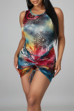 Colour Fashion Sexy Print Basic O Neck Sleeveless Two Pieces