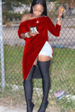 Red Street Off The Shoulder Long Sleeves One word collar Asymmetrical Knee-Length Solid asymme
