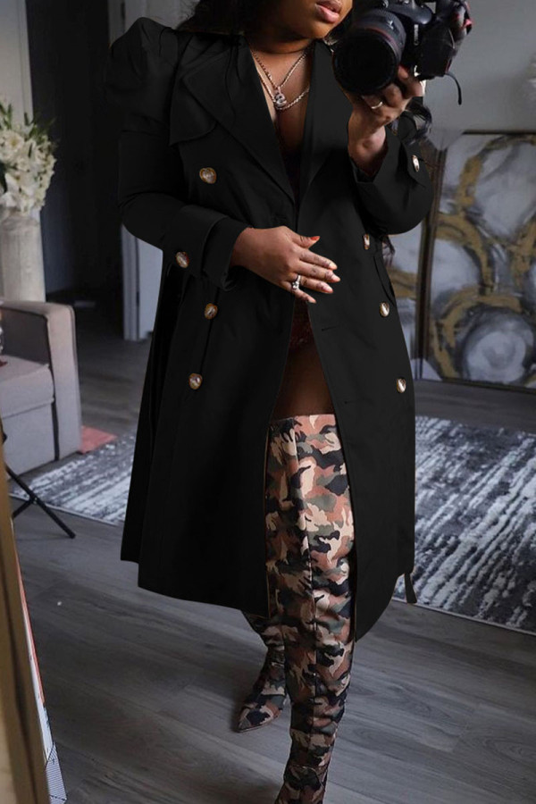 Black Casual Solid With Belt Turndown Collar Outerwear