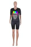 Black Fashion adult Street Patchwork Print Lips Print pencil Short Sleeve Two Pieces