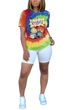 Blue White Blue Orange Yellow colour O Neck Short Sleeve Patchwork Print Character Tops