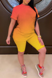 Blue Red Casual Gradual Change Patchwork O Neck Short Sleeve Two Pieces