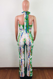 Green Fashion Sexy Print Tie-dyed Backless Sleeveless O Neck Jumpsuits