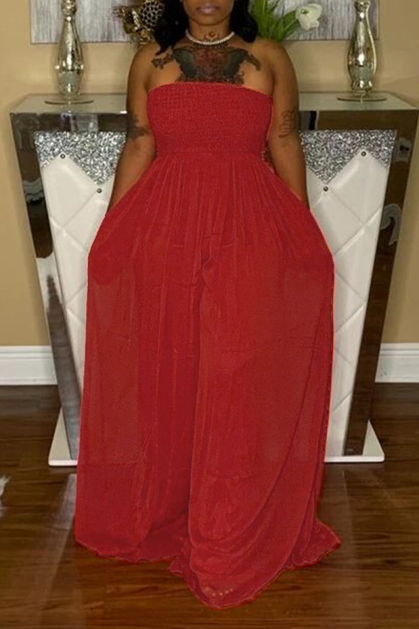 Red Sexy Solid Patchwork Strapless Loose Jumpsuits